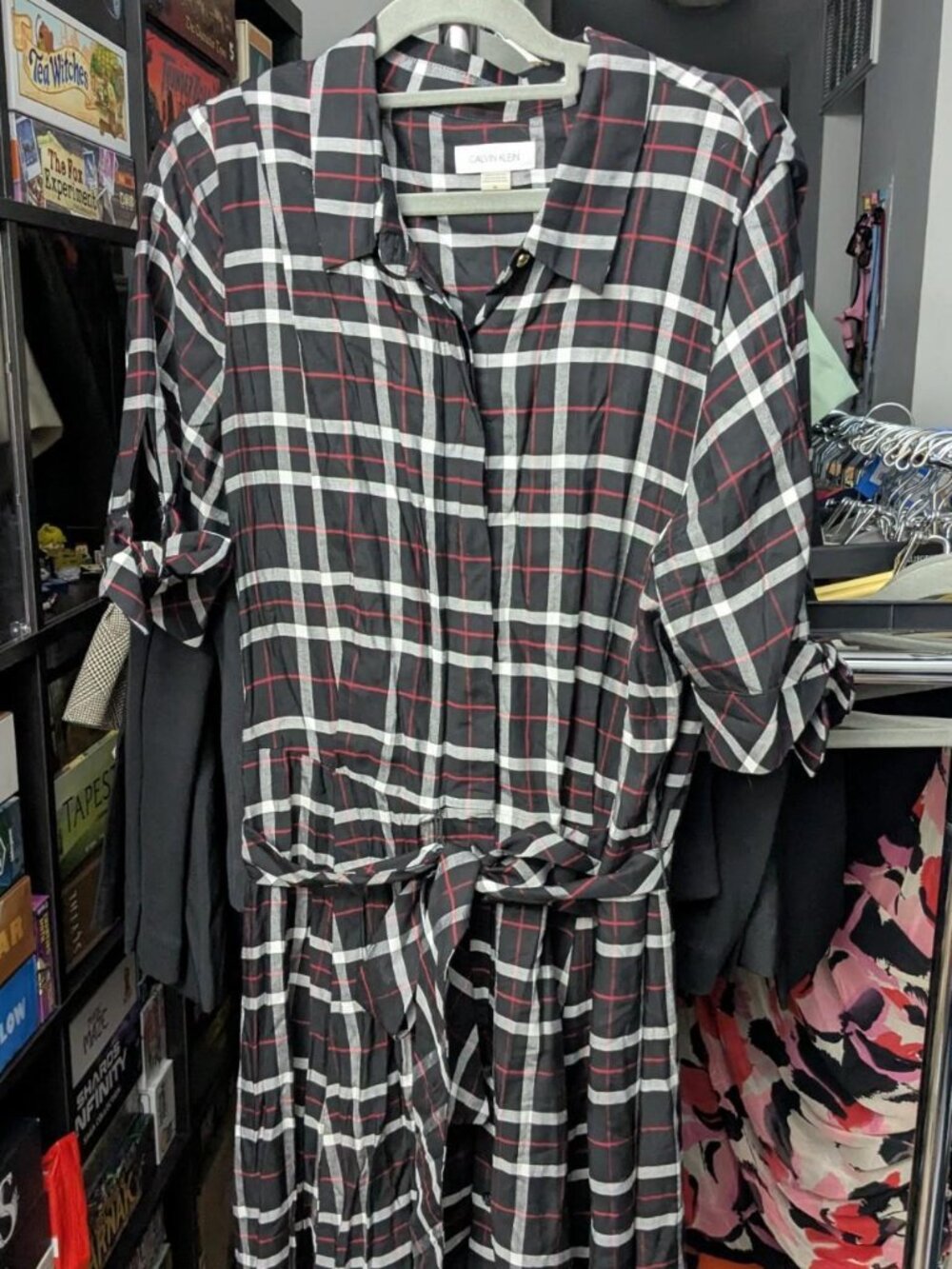 Calvin Klein Black Plaid Button Down Maxi Dress Size 14